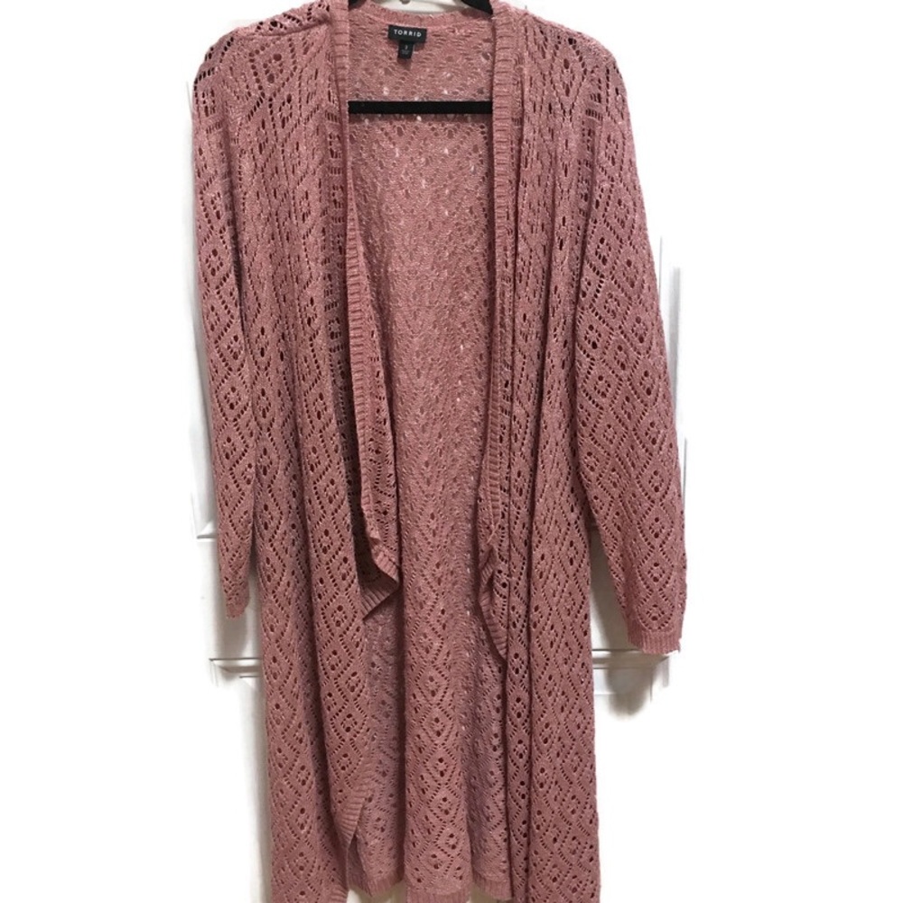 Torrid Cardigan 3X Womens Pink Lace Midi Open Front Boho Polyester Blend Knit
